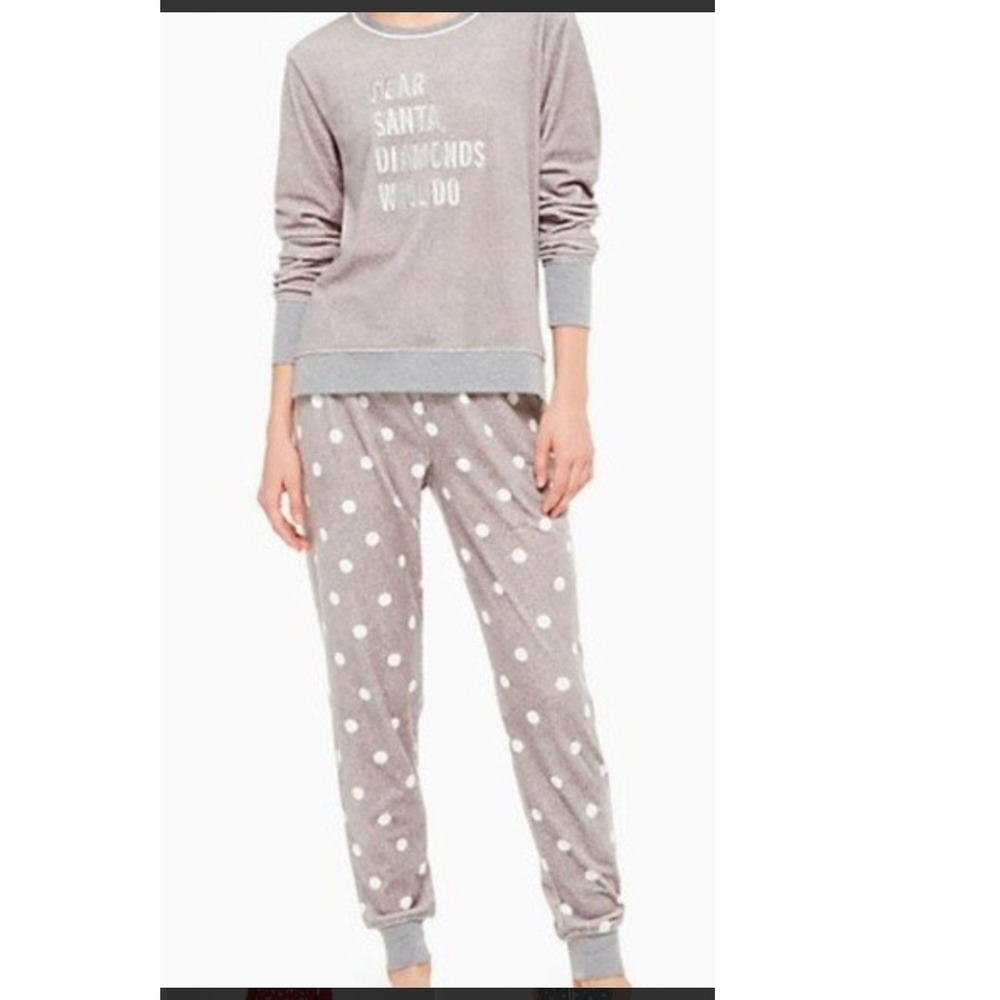 Kate Spade New York Super Soft Pajama Set Gray Polka Dot Long Sleeve Top Pants M